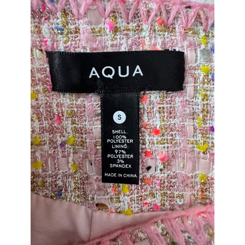 Aqua Pink Tweed Cropped Jacket Blazer Metallic Confetti Silver Crest Buttons S - Picture 7 of 7